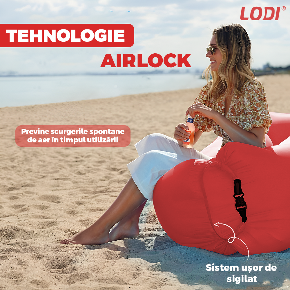 Saltea Gonflabila Tip Sezlong Lazybag Lodi1232, material rezistent, umflare fara pompa, pentru plaja/picnic/camping, rucsac de depozitare, 190 x 70 cm, rosu