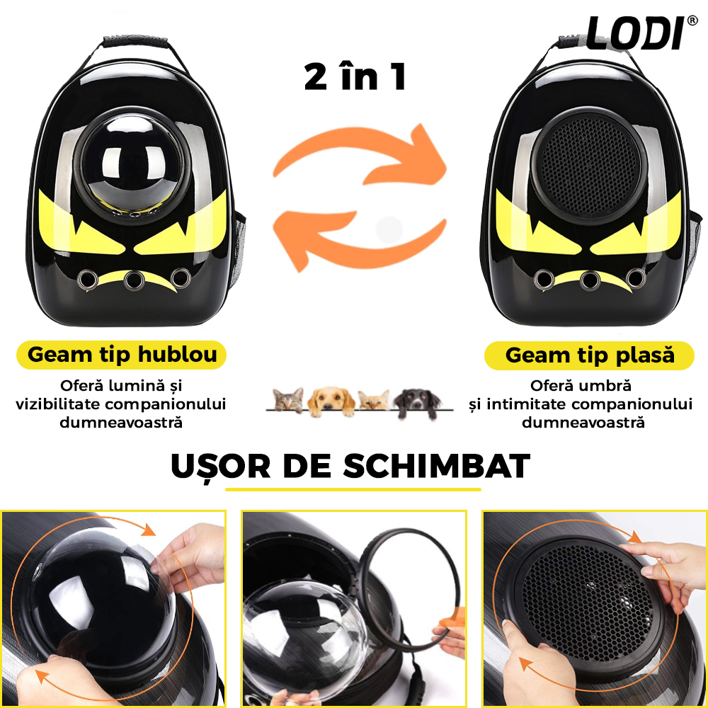 Rucsac Transport Animale Lodi24, greutate Max 7kg, hublou transparent, buzunar lateral, accesorii incluse, pentru talie mica, model Monstrulet, negru