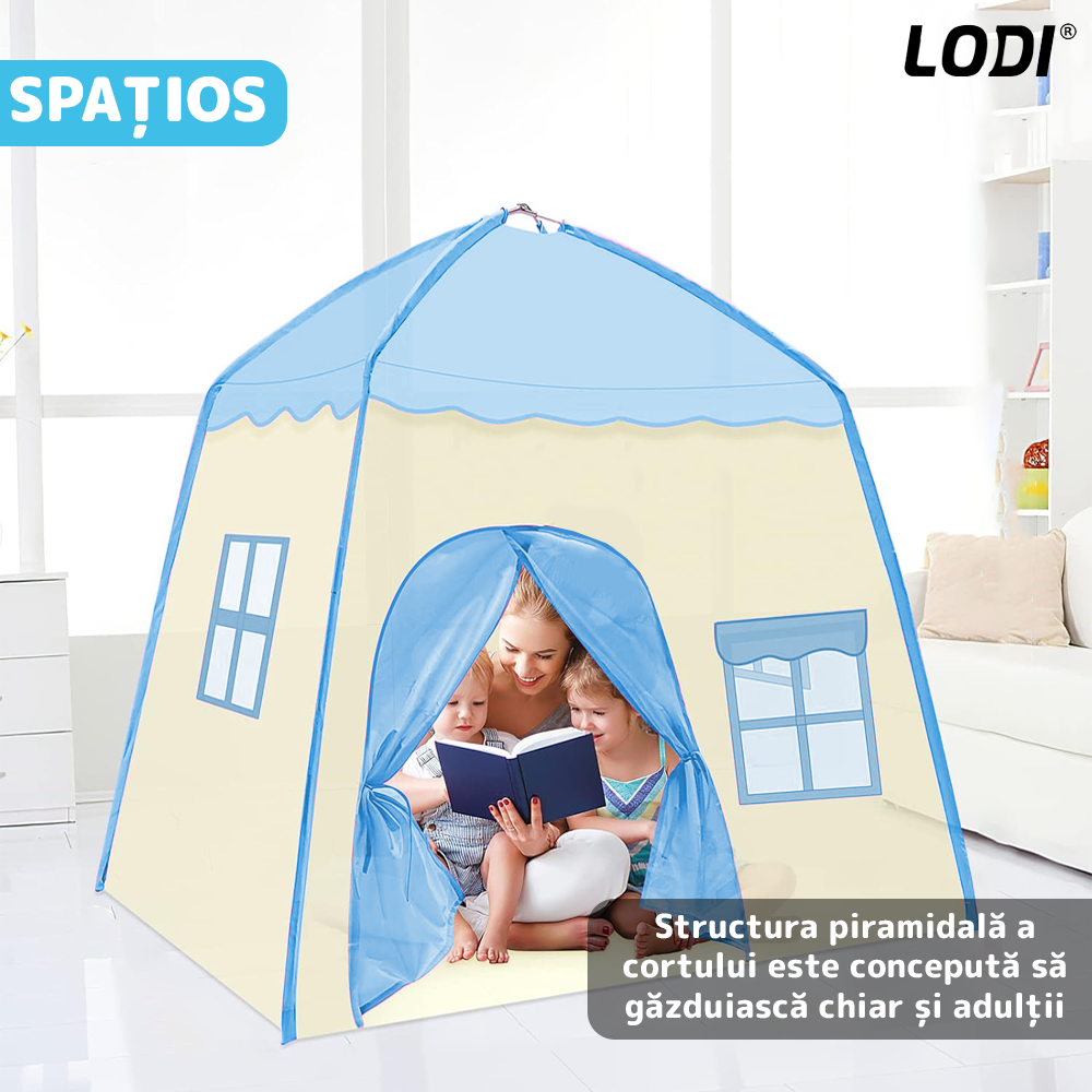 Cort de Joaca pentru Copii tip Casuta Lodi652, covoras inclus cu 2 fete, usa tip perdea, geamuri cu plasa, usor de montat, interior/exterior, albastru