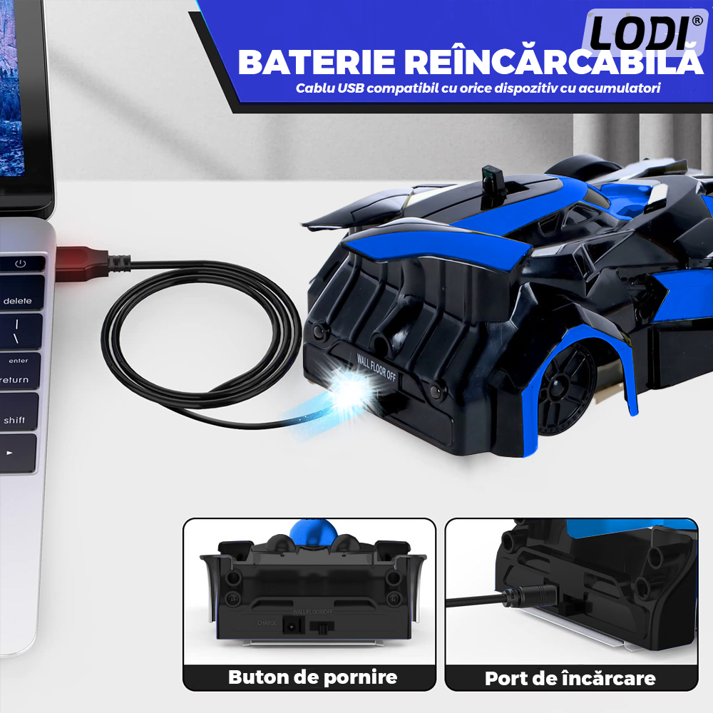 Masinuta Antigravitationala cu Telecomanda Lodi1428, urcare pe pereti si tavan, compatibila cu orice suprafata, rotire 360 de grade, senzor infrarosu, incarcare cu port USB, telecomanda intuitiva, albastru/negru
