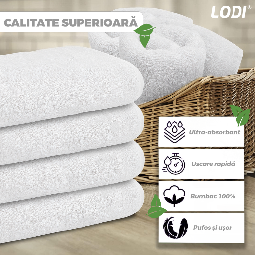 Prosop de Baie si de Fata cu Fir Dublu Lodi, pentru uz rezidential/hotel/calatorii, densitate 500g/m², model grecesc, bumbac 100%, dimensiuni 30x50 cm, alb