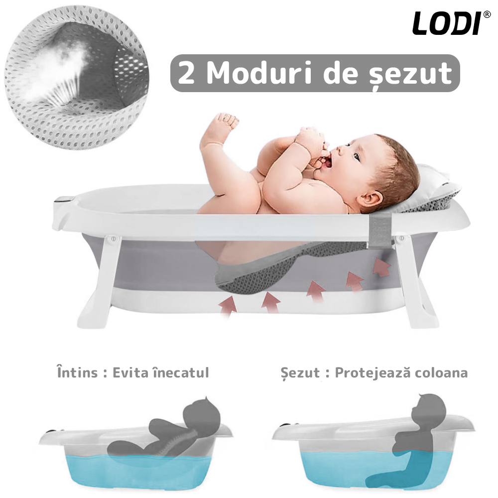 Cadita cu Pernuta pentru Bebelusi Lodi1313, casca de protectie inclusa, termometru digital incorporat, pliabila, dop de scurgere, picioare anti-alunecare, design ergonomic, 75 x 45 x 22 cm, gri cu stelute