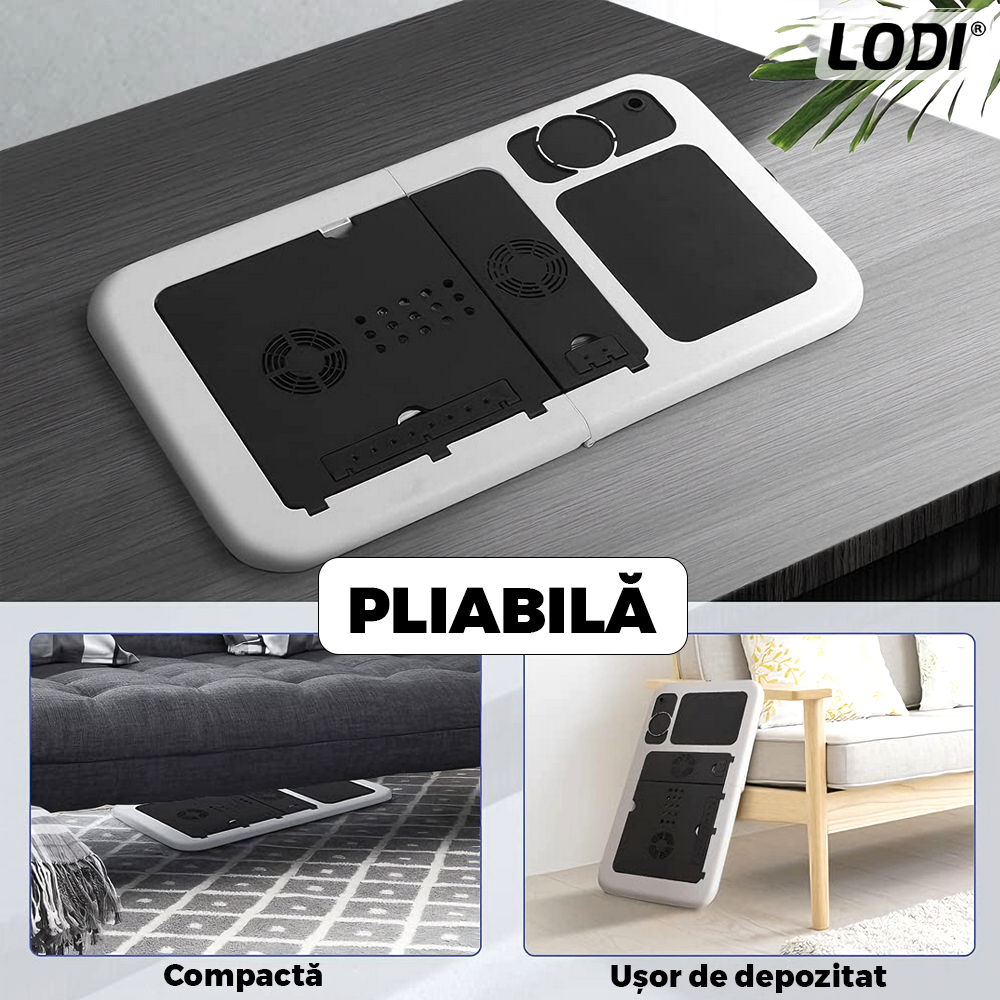 Masuta Universala Lodi1517, pliabila, pentru laptop/tableta/ mic dejun la pat, sistem cu fante de racire, suport pentru pahar, unghi reglabil, usor de depozitat, alb/negru