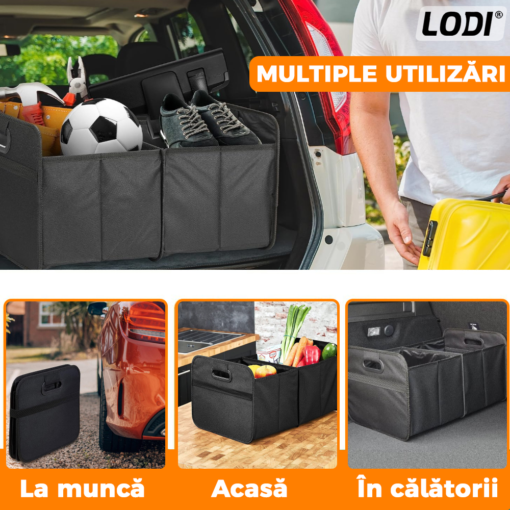 Organizator Auto Portbagaj Lodi294, 2 compartimente, pliabil, portabil, elastic de prindere, multifunctional, universal, negru