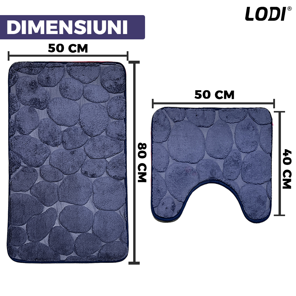 Set 2 Covorase de Baie Lodi1014, anti-derapante, material moale, design modern, model pietre, 80x50 & 50x40cm, bleumarin