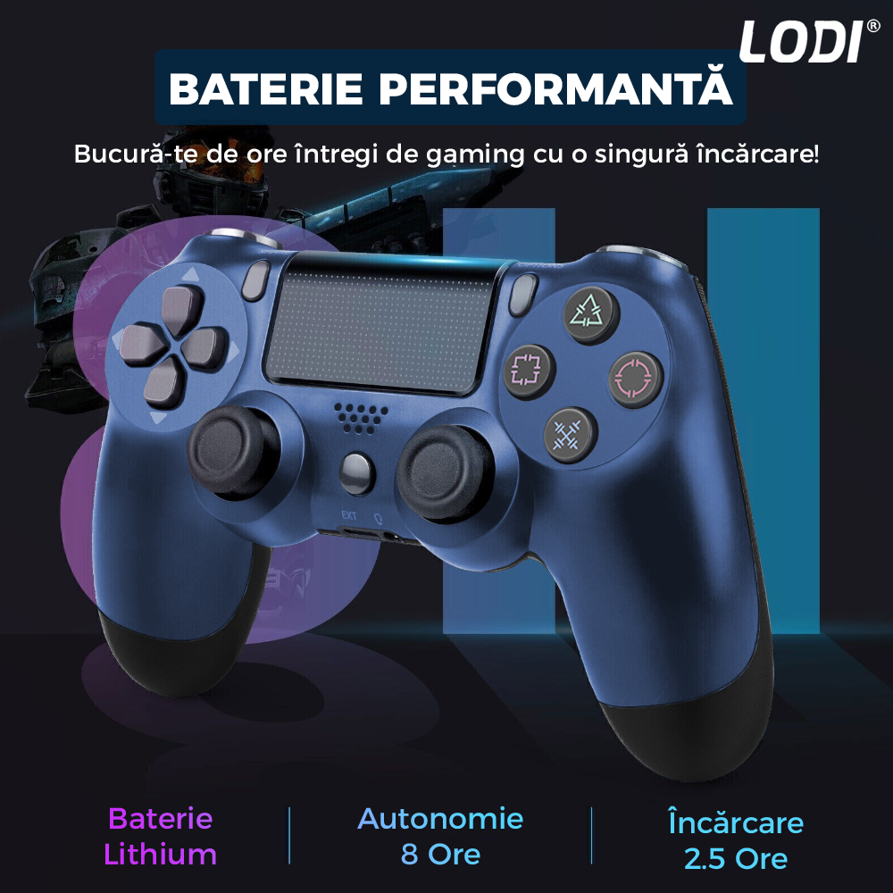 Controller Wireless DoubleShock Lodi1194, compatibil cu PS4, joystick-uri analog, vibratie dubla, baterie performanta, albastru