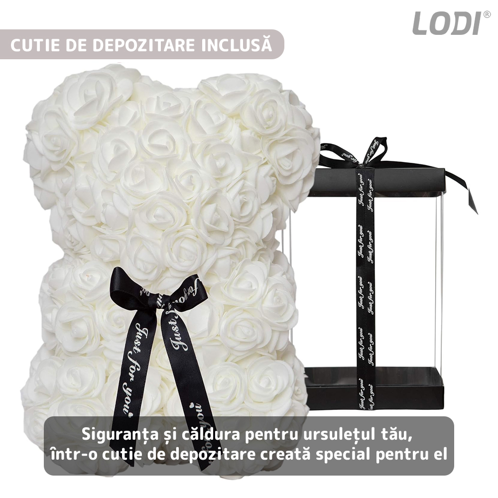 Ursulet din Trandafiri de Spuma Lodi333, floral alb, handmade, cutie transparenta, 25 cm