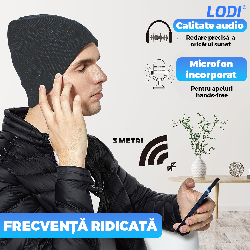 Caciula Bluetooth Unisex Lodi1493, hands-free, microfon, difuzoare stereo incorporate, sistem audio detasabil, curatare usoara, comoda, pentru alergare/drumetii, gri inchis