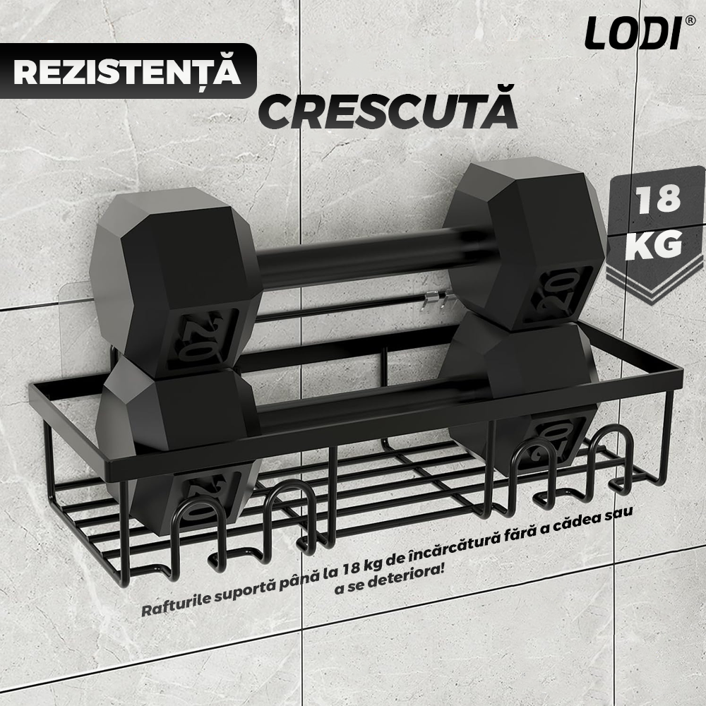 Set 2 Rafturi pentru Dus Lodi1265, depozitare si organizare, baie/bucatarie, otel inoxidabil, montare adeziva, rezistenta ridicata, cuiere incorporate, suporturi inalte, negru