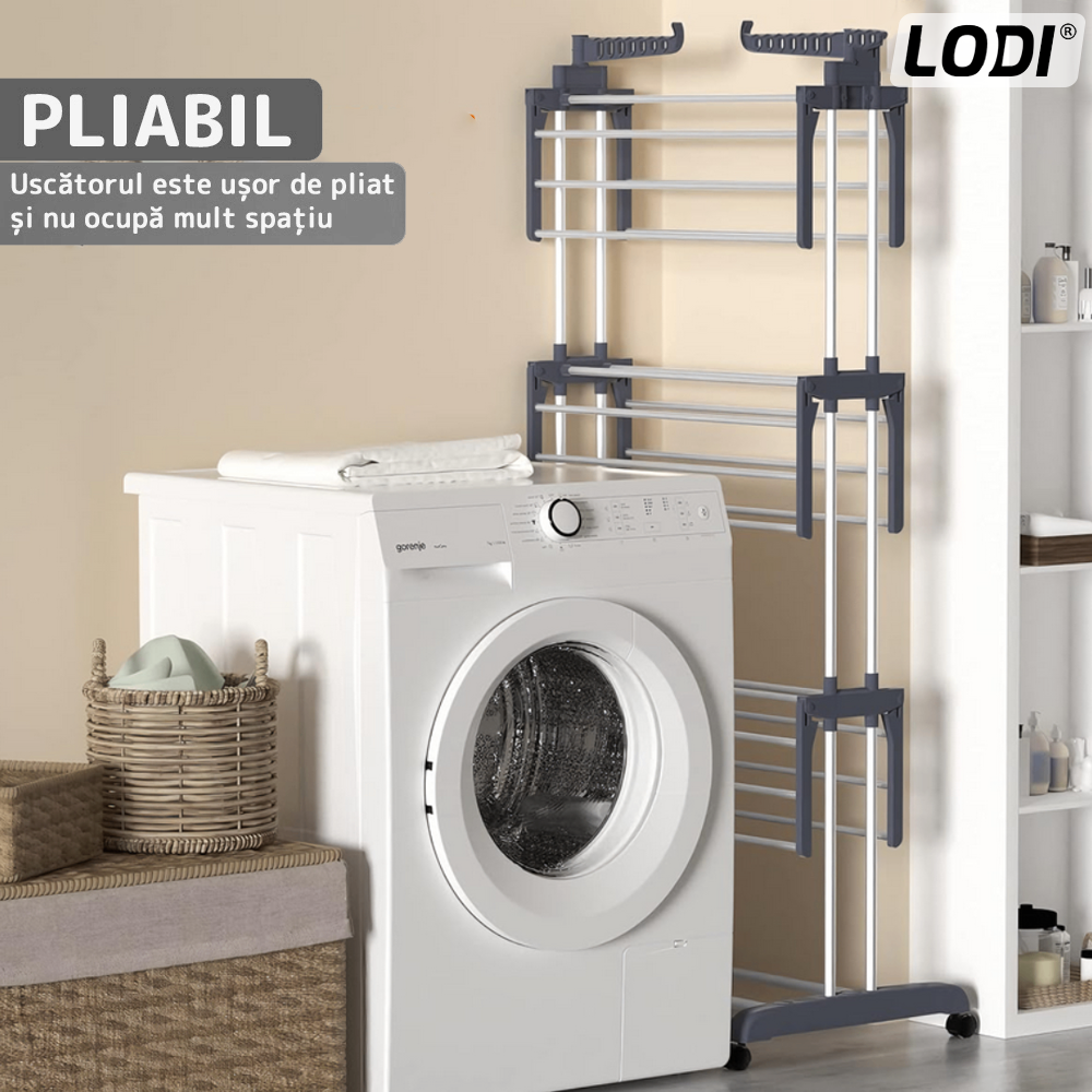 Uscator Vertical pentru Rufe si Haine Lodi1513, 3 niveluri, mobil, pliabil, pentru spatii mici, suport umerase, cadru rezistent, inaltime 175cm, negru