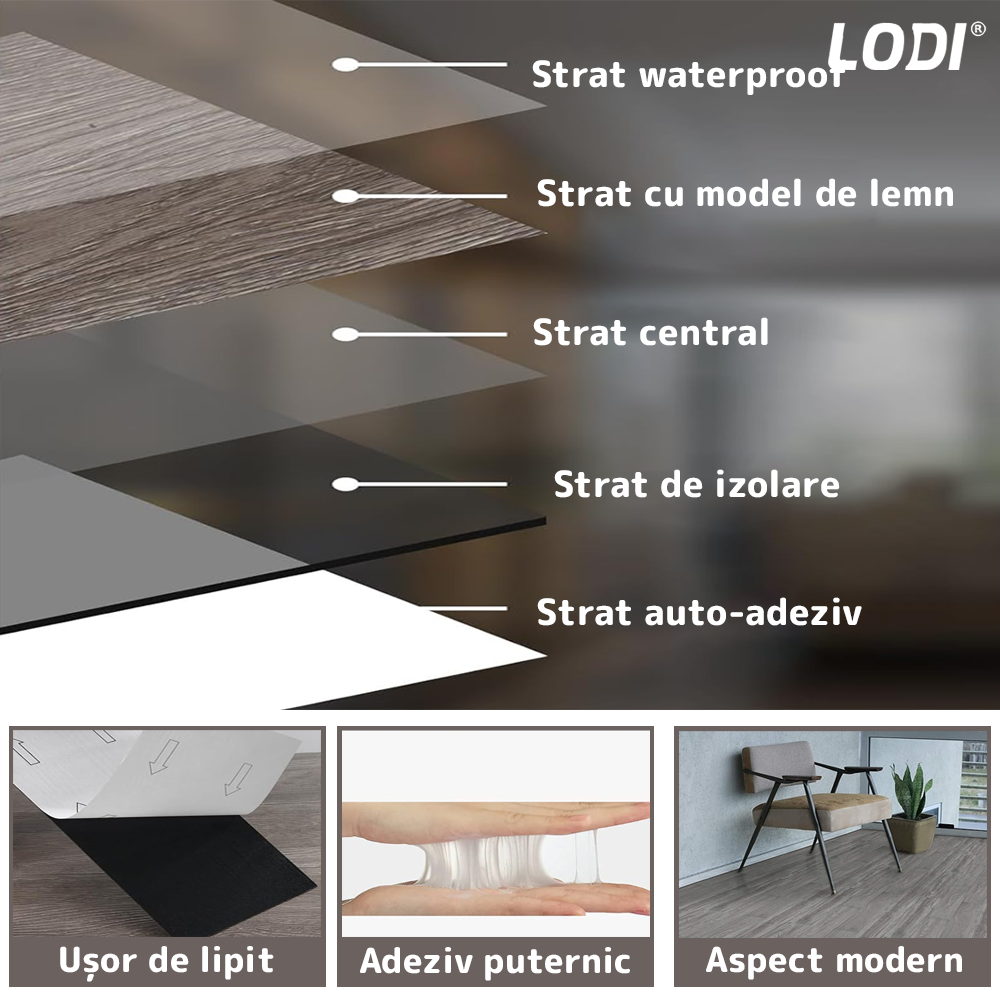 Set 72 Placi de Pardoseala Autoadezive Tip Parchet Lodi681, durabile, adeziv puternic, PVC, 914.4mm x152.4mm, mm 4.9 m²/box, gri dungi