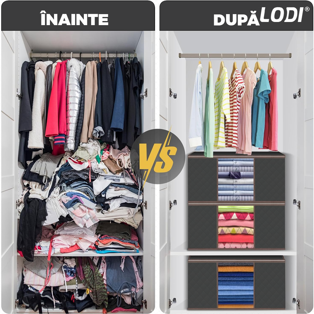 Cutie Depozitare si Organizare Mare Lodi1026, pliabila, maner ranforsat si fereastra transparenta, pentru haine/paturi/ plapumi/ perne/ lenjerii de pat/jucarii, 105 L, 70x 50x 30 cm, negru
