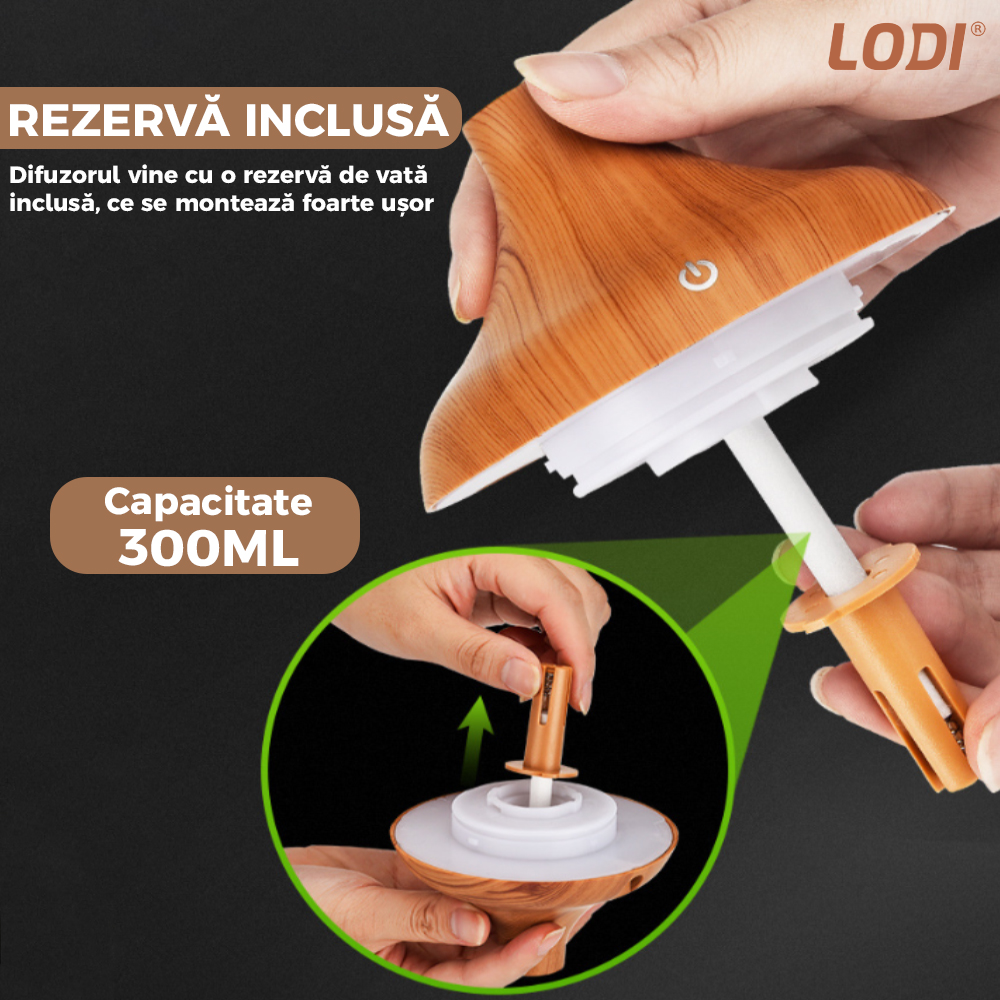 Difuzor Aromaterapie Lodi209, 7 culori LED, lumini dinamice, control tactil, capacitate 200ml, silentios, rezerva inclusa, umidifica aerul, stejar deschis