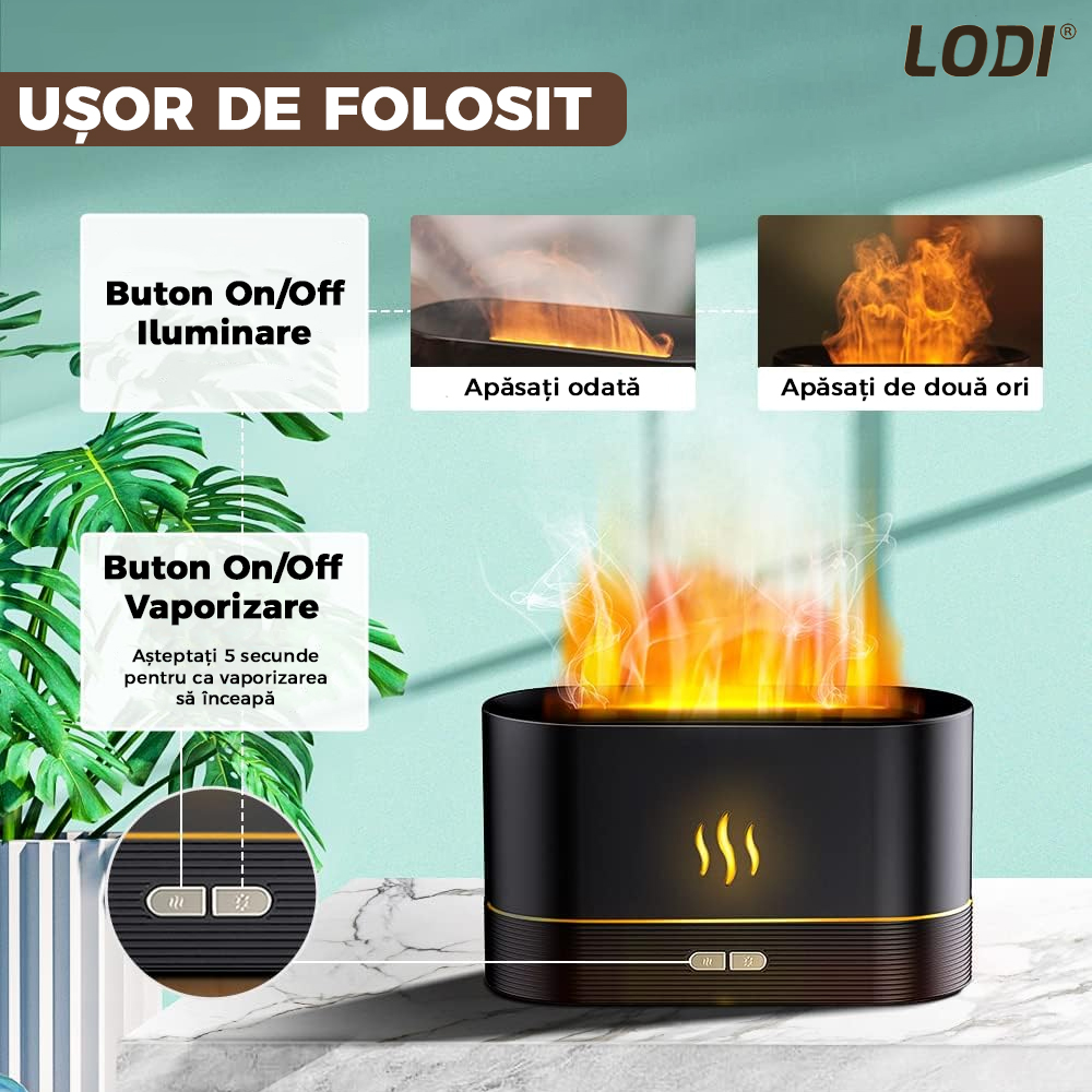 Difuzor Aromaterapie Lodi218, Efect Flacara, 2 trepte de luminozitate, oprire automata, capacitate 180ml, silentios, umidifica aerul, negru
