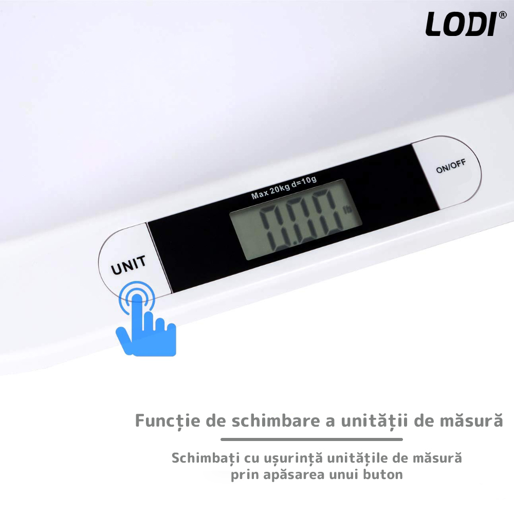 Cantar Electronic cu Display LCD Lodi1, precizie la nivel de gram, greutate max 20KG, design ergonomic, ultra slim, alb