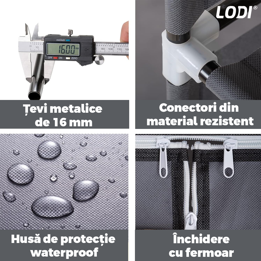 Dulap din Material Textil pentru Haine si Incaltaminte Lodi423, impermeabil, 8 rafturi, inchidere fermoar, suport umerase, cadru otel, 170 cm, gri
