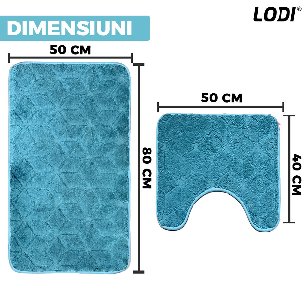 Set 2 Covorase de Baie Lodi1020, anti-derapante, material moale, design modern, model romburi, 80x50 & 50x40cm, turcoaz