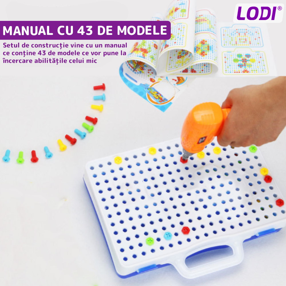 Jucarie Educativa si Interactiva 4in1 Lodi512, 198 piese, bormasina pentru inginerie, pentru fete si baieti, manual inclus, puzzle 3D/2D, dezvoltare STEM, montessori, multicolor
