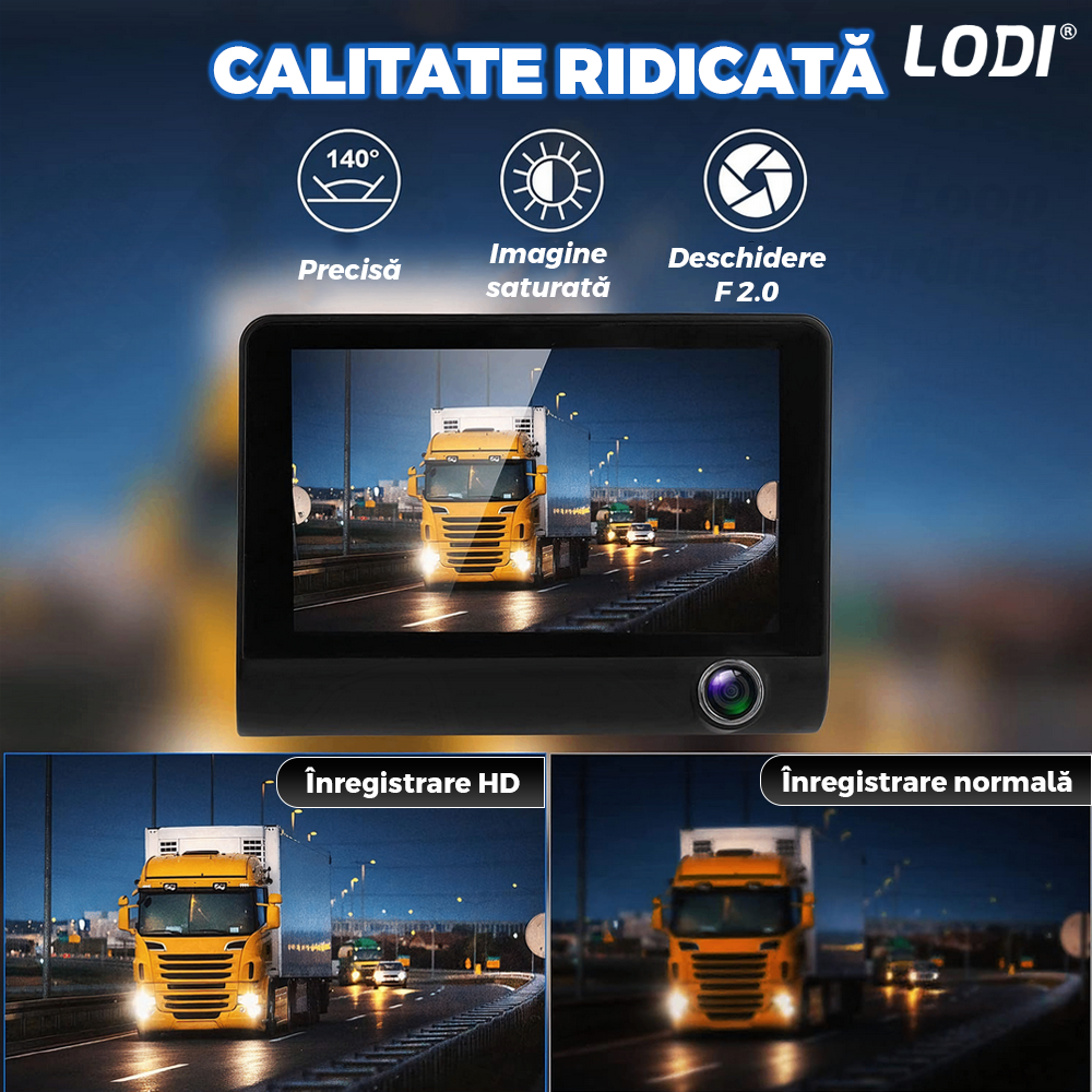 Camera Auto Tripla Lodi1498, fata, spate, interior, laterale, vizualizare unghi de 140°, camera marsarier, ecran de 4”, LED, full HD 1080p, loop recording, negru