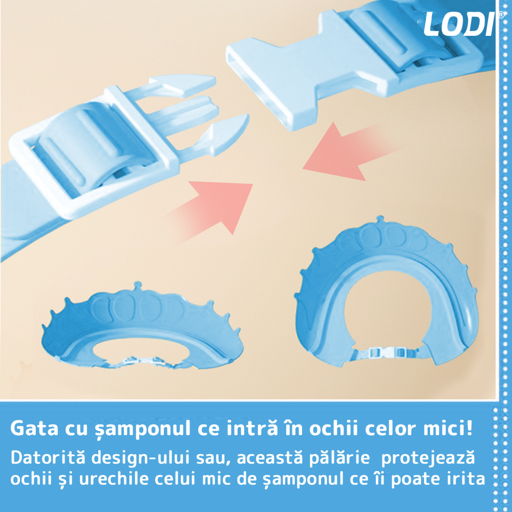 Palarie de Baie pentru Copii Lodi529, protectie impotriva samponului pentru ochi si urechi, reglabila, forma coroana rege/regina, albastru