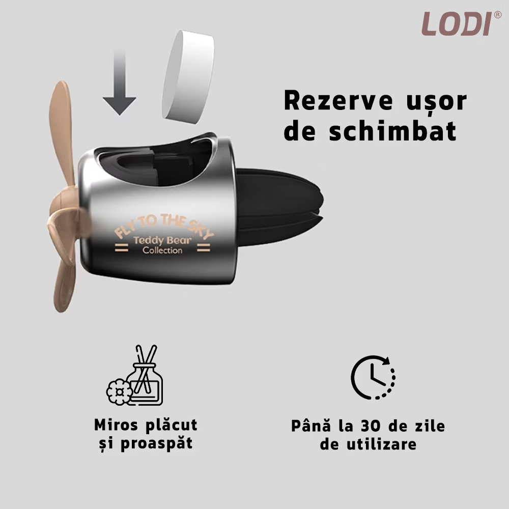 Difuzor Auto Aromaterapie Lodi335 cat pilot bear cu ochelari, kit odorizant, 2 arome cu extracte naturale incluse