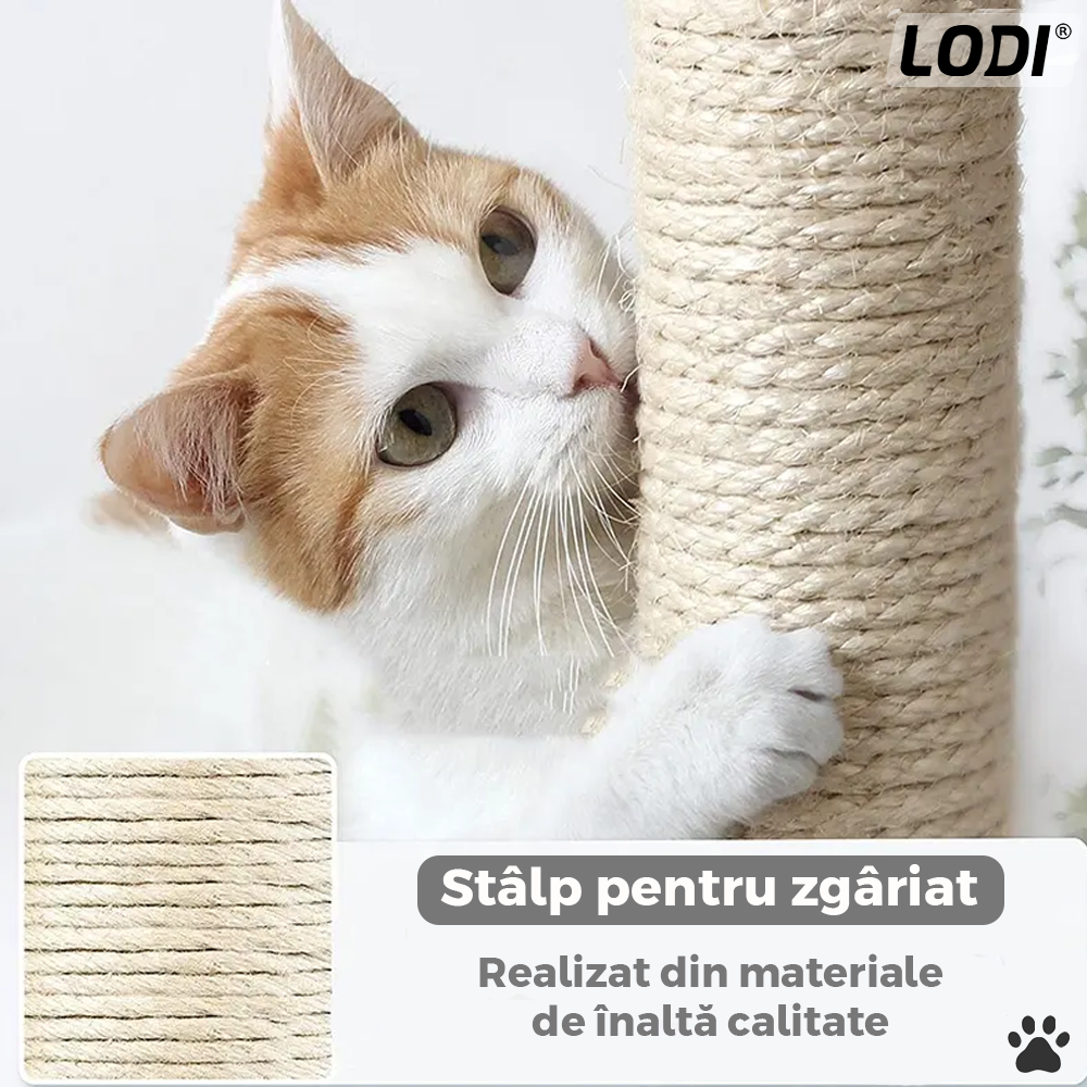 Ansamblu de Joaca pentru Pisici Lodi628, tip turn, 3 platforme de observatie, 6 niveluri, 2 casute, scara, franghie si mingiuta de joaca, stalpi pentru zgariat, captuseala extra moale, structura stabila, 138.5 cm, gri deschis