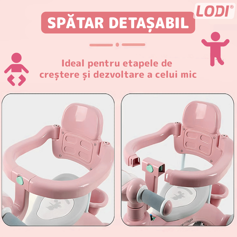 Tricicleta Multifunctionala Lodi1105, structura stabila, pedale anti-derapante, suport picioare, cosulet pe spate, spatar detasabil, parasolar, muzica incorporata, roz