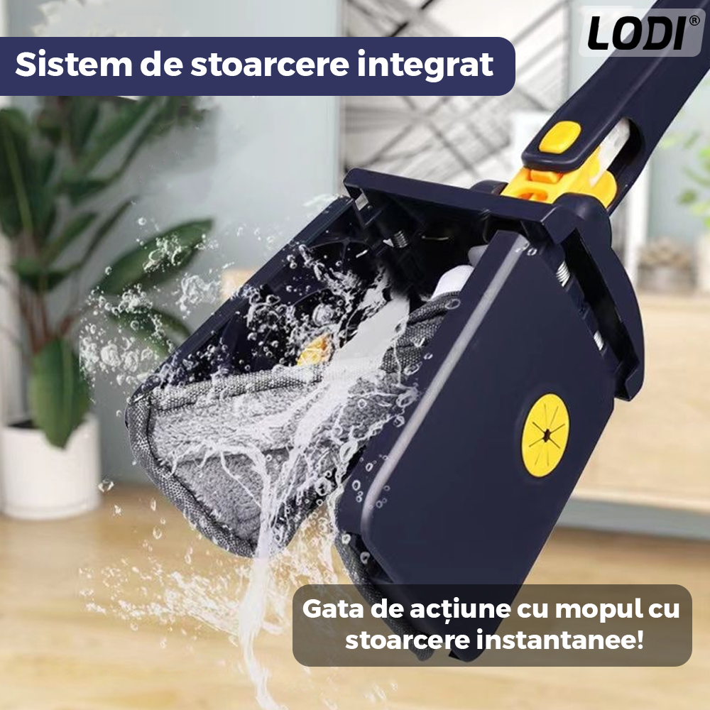 Mop cu Cap Dreptunghiular Lodi1176, rotire 360 grade, telescopic, curatare usoara, 5 lavete incluse, 123 cm, albastru/galben