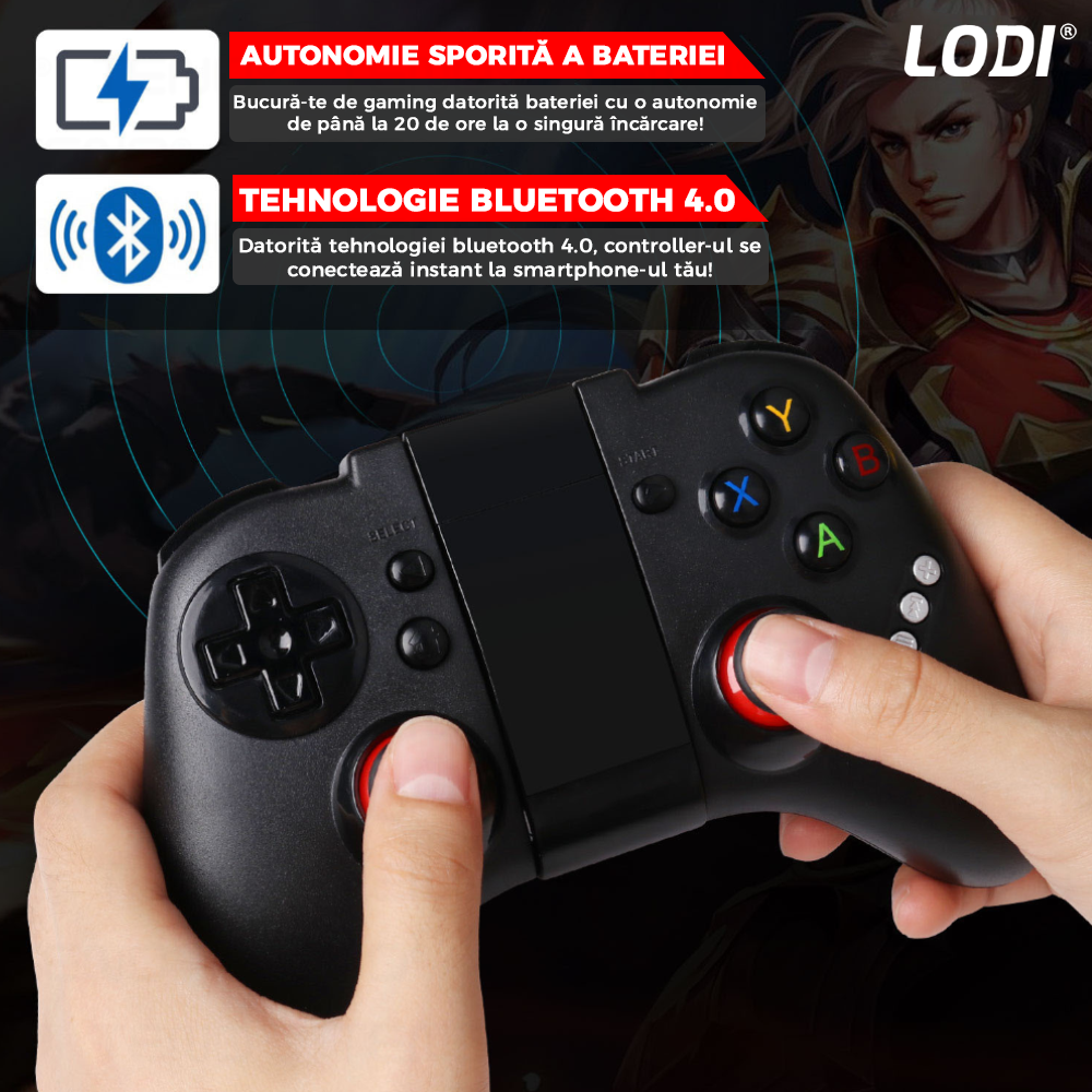 Controller Gamepad 3in1 Lodi463, Bluetooth, compatibil IOS/Android/PC, autonomie 20 ore, suport telefon reglabil, multiple functii, Negru