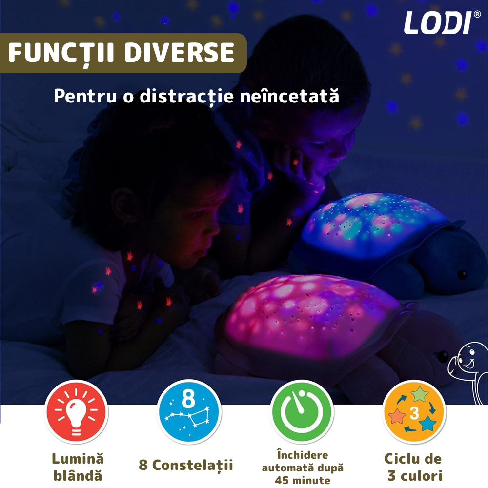 Lampa de Veghe Testoasa Lodi1415, proiector de lumini, 8 constelatii, lumina RBG, 2 cantece de adormit copiii, pufoasa si moale, mod inchidere automata, verde/maro