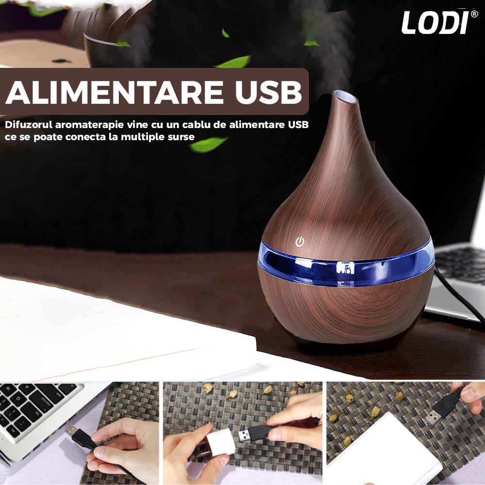 Difuzor Aromaterapie Lodi1463, forma conica, lumini ambientale, control tactil, capacitate 200ml, silentios, rezerva inclusa, alimentare USB, umidifica aerul, stejar inchis