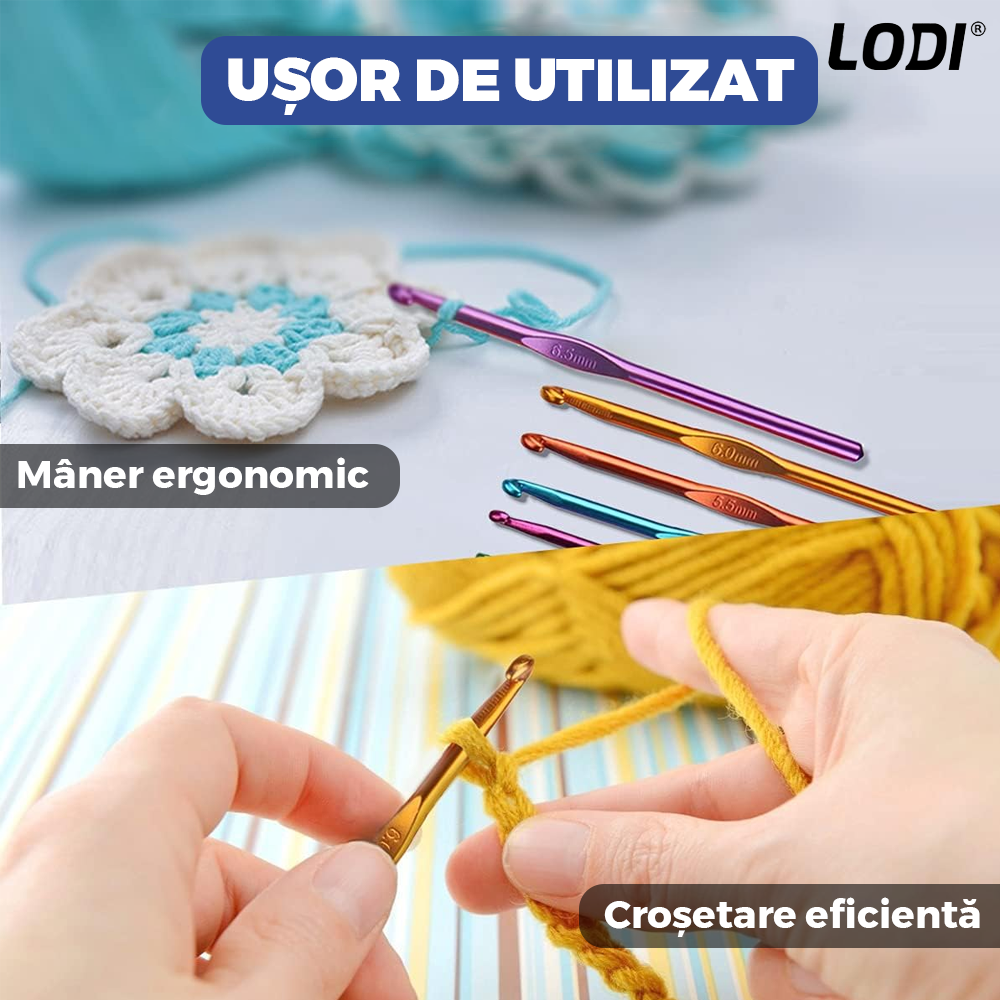 Set Profesional de Crosetat Lodi664, 100 de piese, 12 andrele subtiri argintii, 10 andrele groase multicolore, foarfeca, rigla si accesorii pentru tricotat, husa de depozitare, albastru