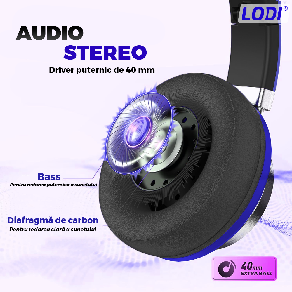 Casti Wireless Lodi963, overear, bluetooth 4.2, extra bass, blocare sunete externe, slot card TF, functii multiple, albastru