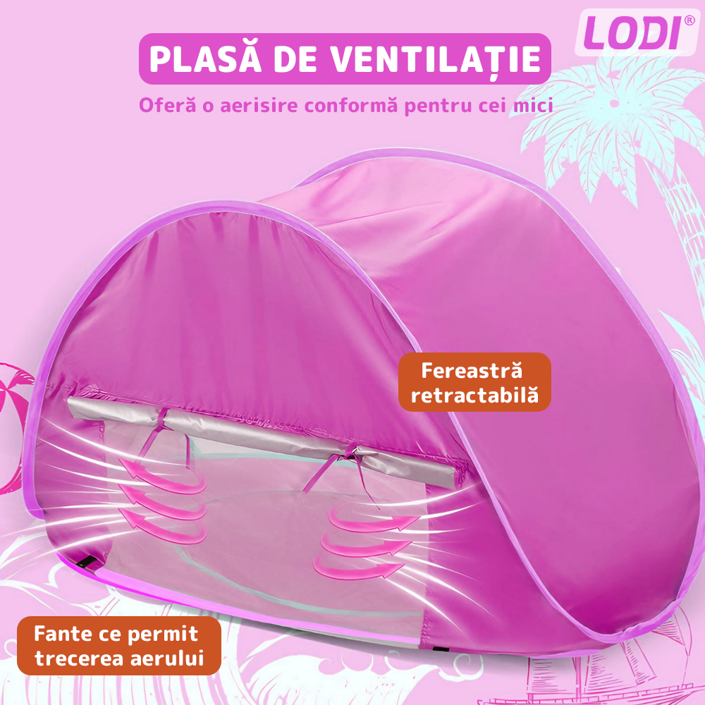 Cort Portabil de Vara pentru Bebelusi Lodi1098, adapost impermeabil pentru plaja, cu piscina, protectie UV si UPF 50+, multifunctional, 117x79x70 cm, roz