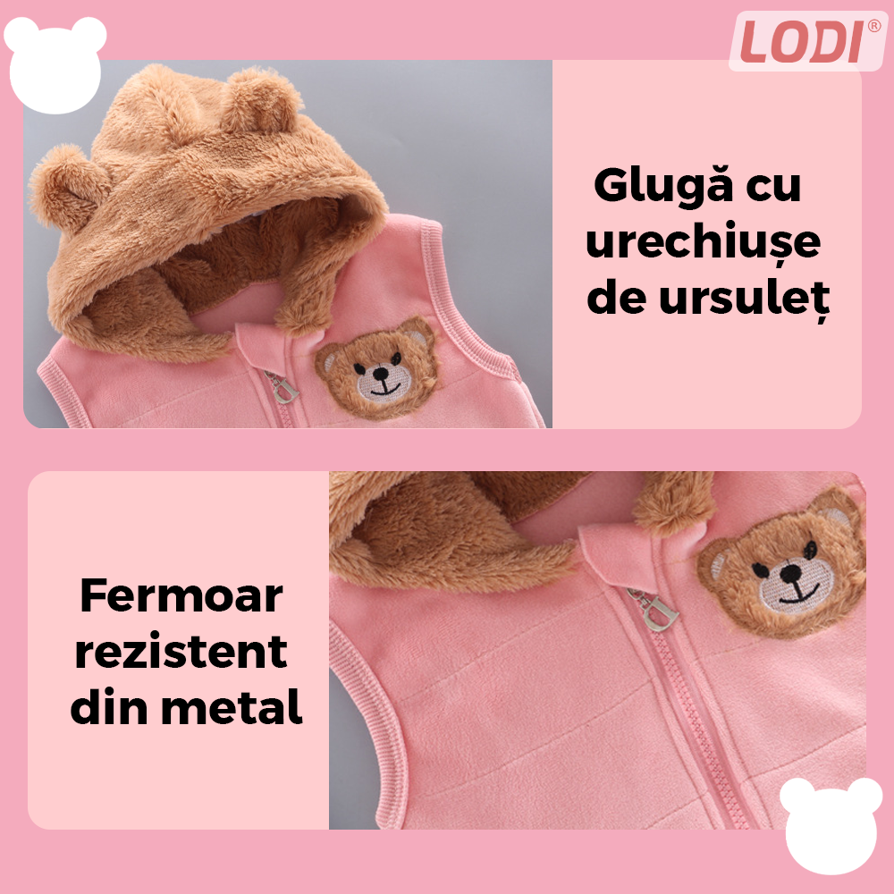 Compleu Copii din 3 Piese Lodi505, unisex, toamna-iarna, plus moale cu ursulet, bluza, pantaloni si vesta cu gluga pufoasa, 80 cm, roz