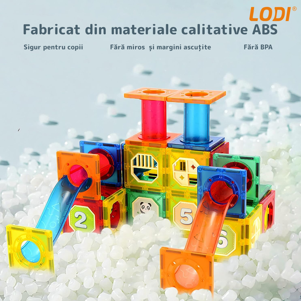 Set Inteligent si Creativ Magnetic 3D Lodi113, 96 Piese, traseu cu bile, creativ, numeroase posibilitati de construit, dezvoltarea abilitatilor motrice si a imaginatiei, multicolor