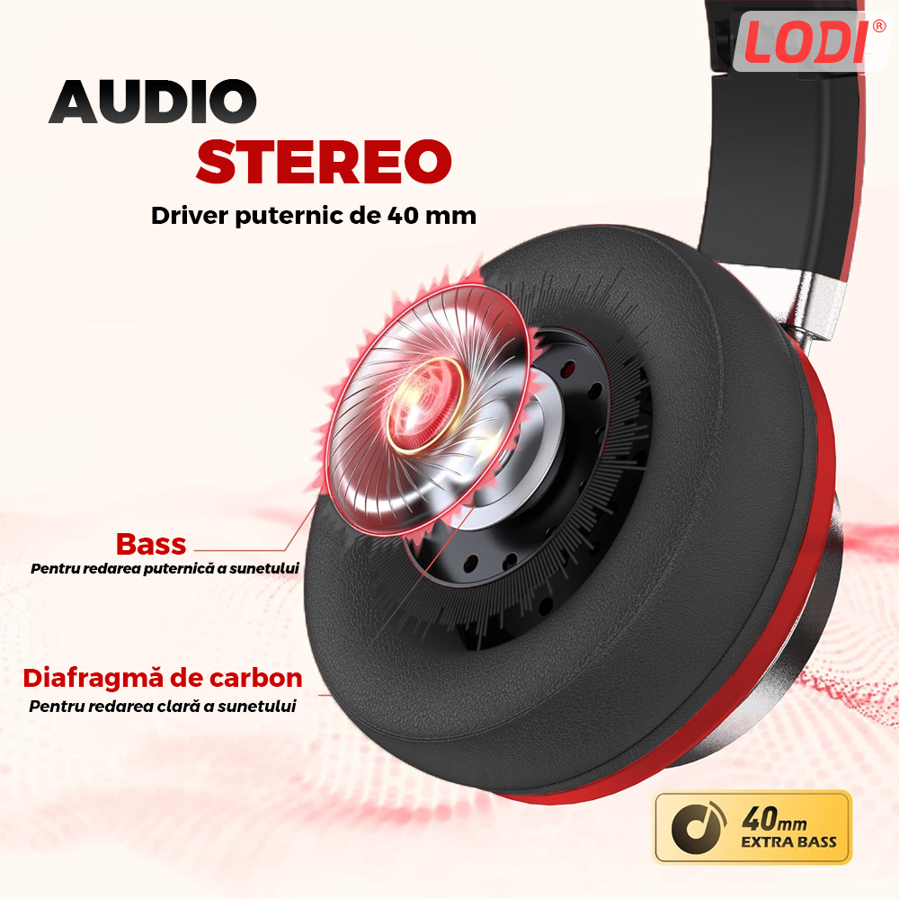 Casti Wireless Lodi962, overear, bluetooth 4.2, extra bass, blocare sunete externe, slot card TF, functii multiple, rosu
