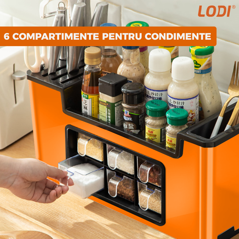 Organizator Multifunctional pentru Bucatarie Lodi601, 6 Compartimente, raft condimente, suport detasabil telefon, tavita de scurgere, suport tacamuri/ustensile, portocaliu