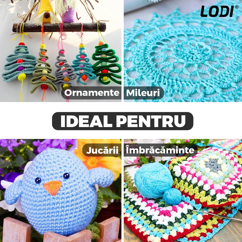 Set Profesional de Crosetat Lodi663, 100 de piese, 12 andrele subtiri argintii, 10 andrele groase multicolore, foarfeca, rigla si accesorii pentru tricotat, husa de depozitare, negru