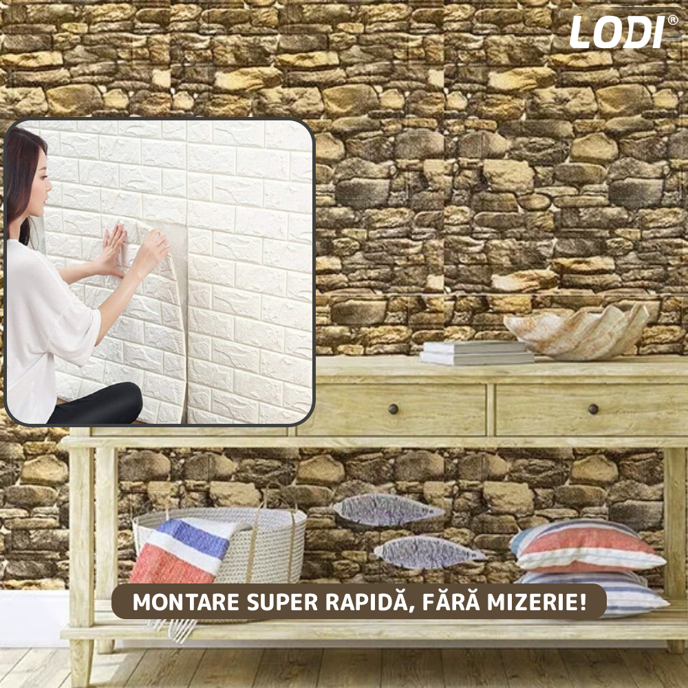 Set Tapet Caramida 3D Lodi245, Model Piatra Rotunda, suprafata acoperire 5.3 mp, autoadeziv, waterproof, usor de montat, design modern, 70x77 cm, maro