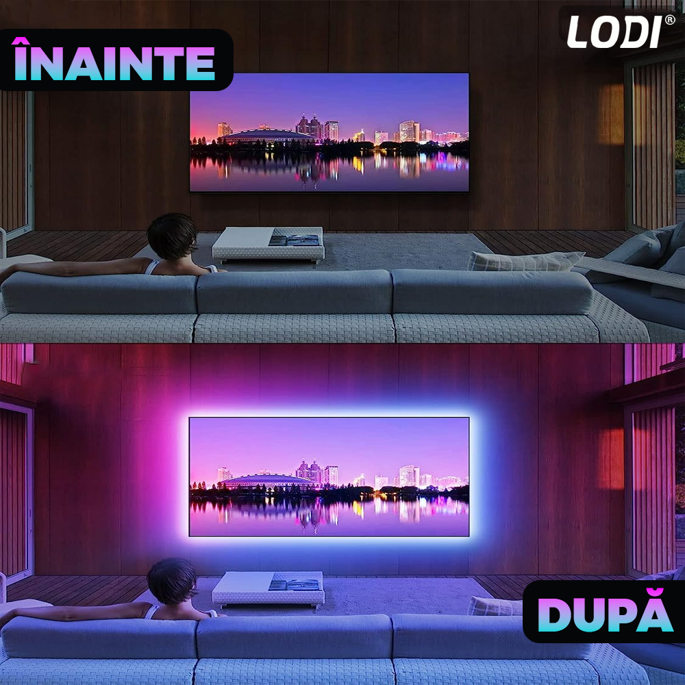 Kit Banda LED RGB Lodi453, inteligenta cu intensitate de lumina si culori reglabile, control prin telecomanda cu 44 taste, 5050RGB, utilizare exterior IP20, 5 m, multicolora