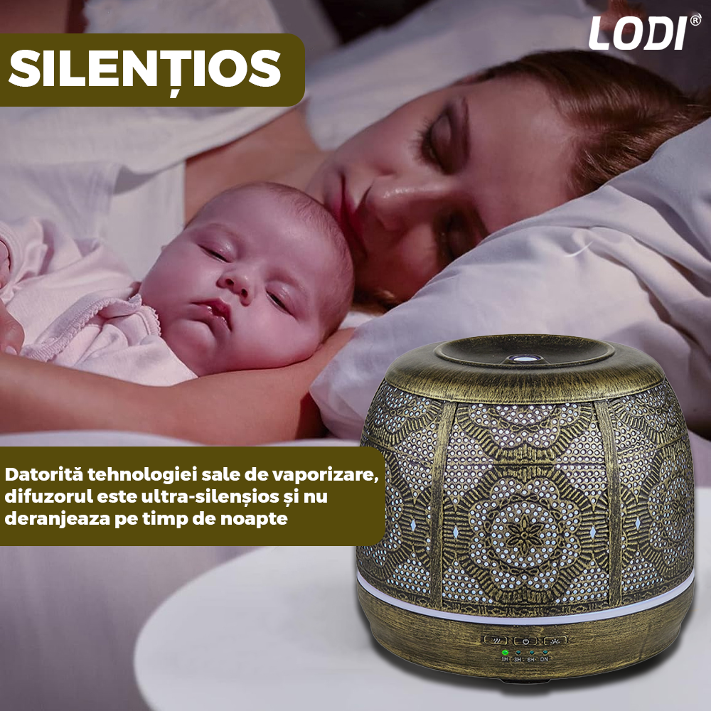 Difuzor Aromaterapie Lodi684, din metal, design vintage, 7 culori LED, 2 jocuri de lumini, capacitate 500ml, silentios, umidifica aerul, bronz