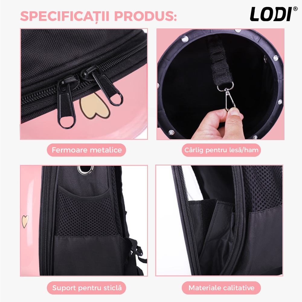 Rucsac Transport Animale Lodi22, greutate Max 7kg, hublou transparent, buzunar lateral, accesorii incluse, pentru talie mica, model Pisica, roz