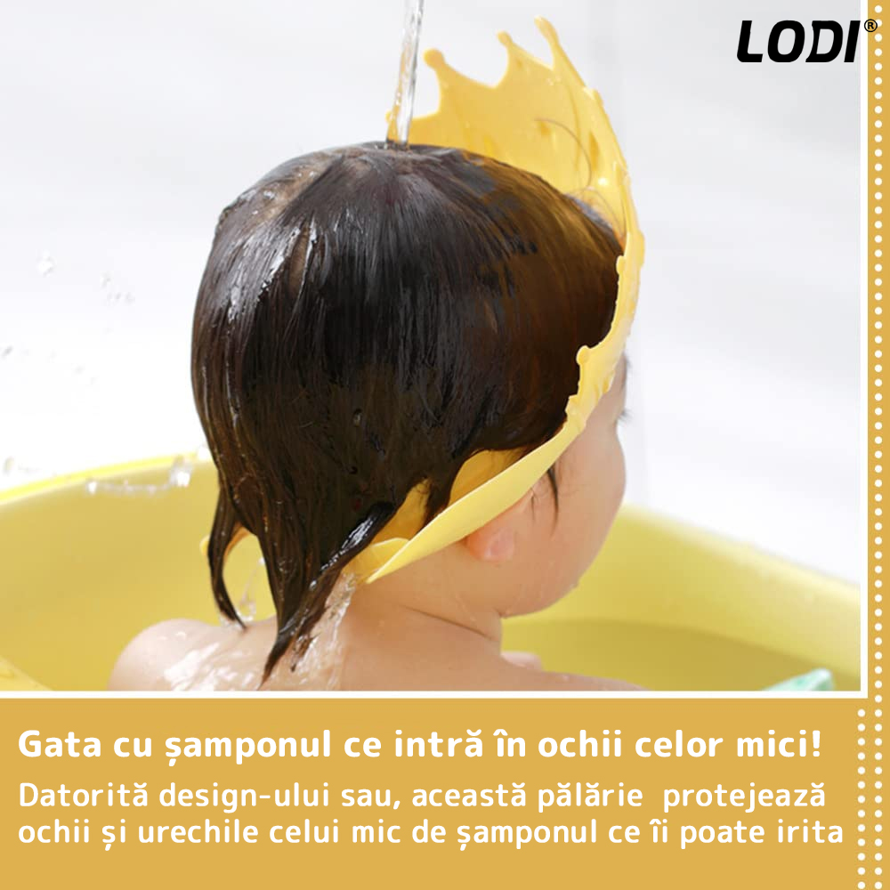 Palarie de Baie pentru Copii Lodi217, protectie impotriva samponului pentru ochi si urechi, reglabila, forma coroana rege/regina, galben