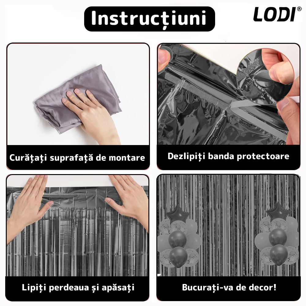 Set 2 bucati Perdea Decorativa Lodi325, din folie negru metalizat, pentru petreceri aniversare