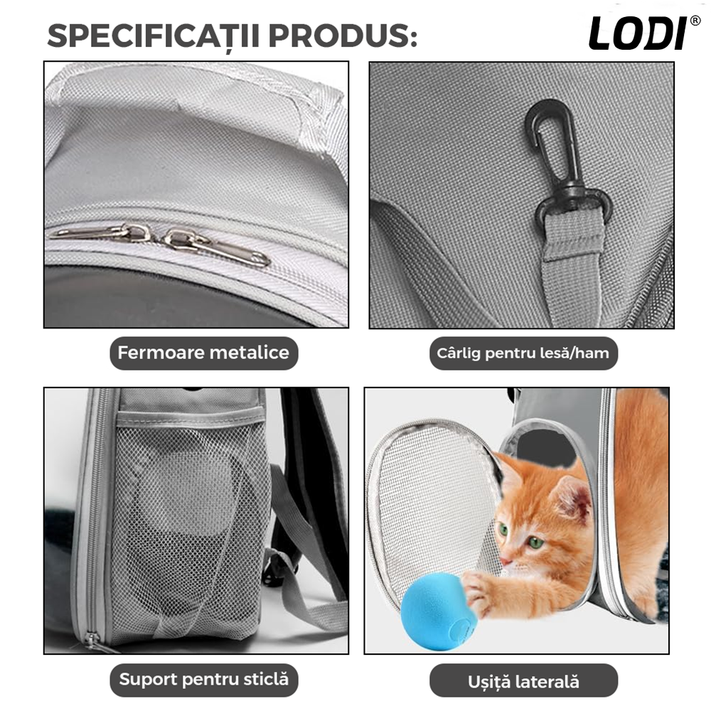 Rucsac Transport Animale Lodi1099, greutate Max 7kg, hublou panoramic transparent, buzunar lateral, 2 iesiri, pentru talie mica, gri