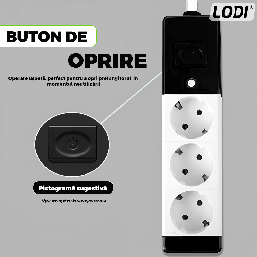 Prelungitor Lodi1280, 3 prize, intrerupator, suport de agatare incorporat, rezistent la temperaturi inalte, universal, lungime 3 metri, negru/alb