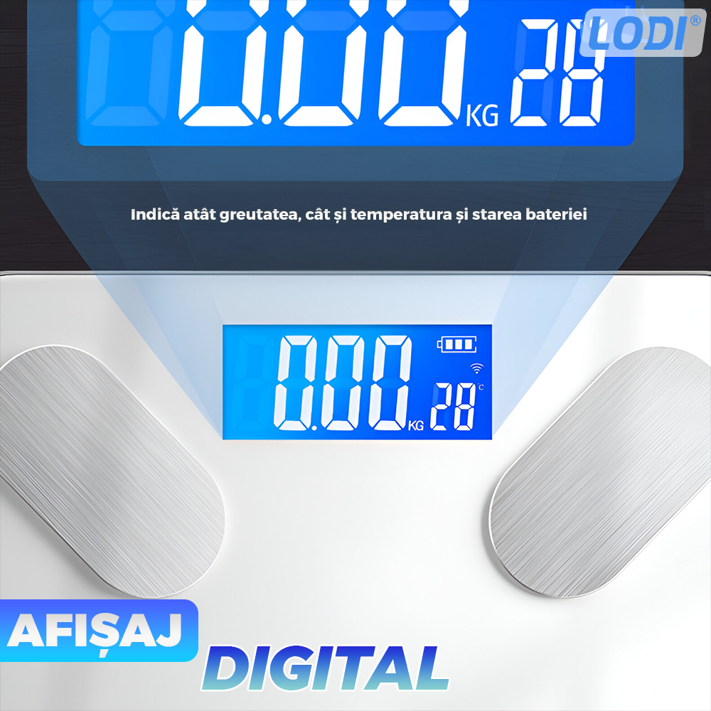 Cantar Electronic Inteligent Lodi127, pentru baie, corporal, aplicatie smart, indicator greutate/baterie/temperatura, conectare bluetooth, afisaj digital, greutate maxima suportata 180 kg, baterii incluse, alb