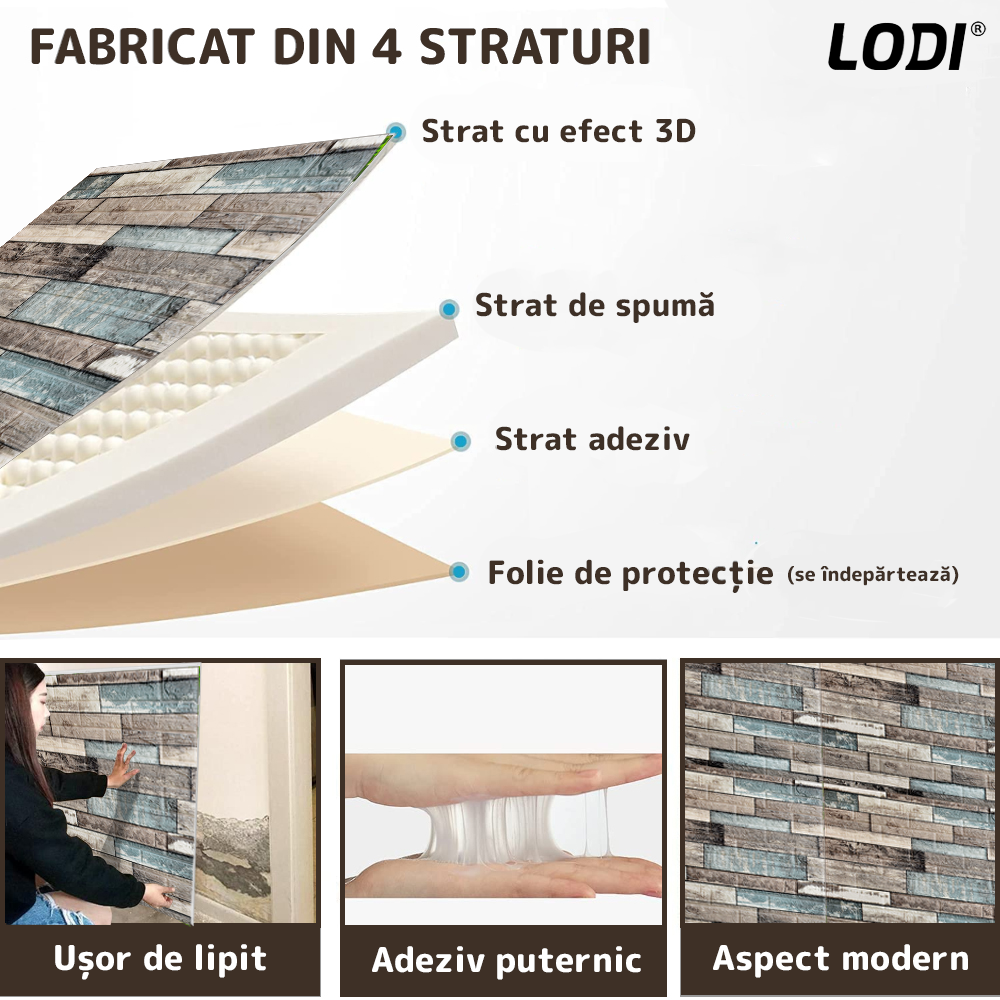 Set 10x Tapet Caramida 3D Lodi1091, Model Lemn, suprafata acoperire 4.9 mp, autoadeziv, waterproof, usor de montat, design modern, 70x70 cm, maro verde