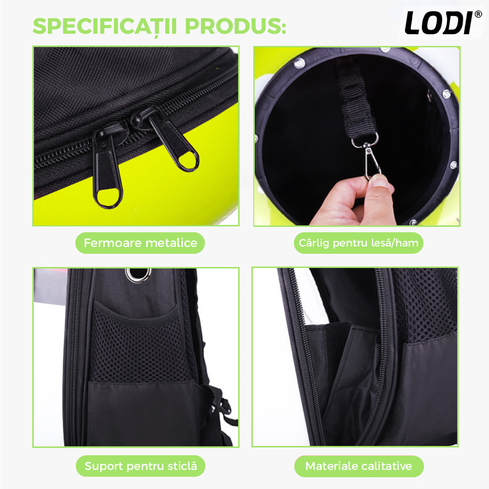 Rucsac Transport Animale Lodi27, greutate Max 7kg, hublou transparent, buzunar lateral, accesorii incluse, pentru talie mica, model Cactus, verde